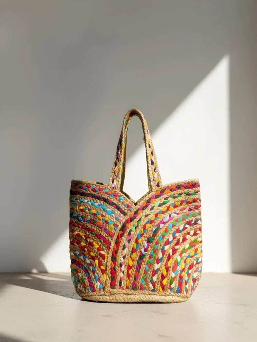 Boho Beach Tote Bag - Handmade Jute & Cotton Bucket Handbag with Tassels
